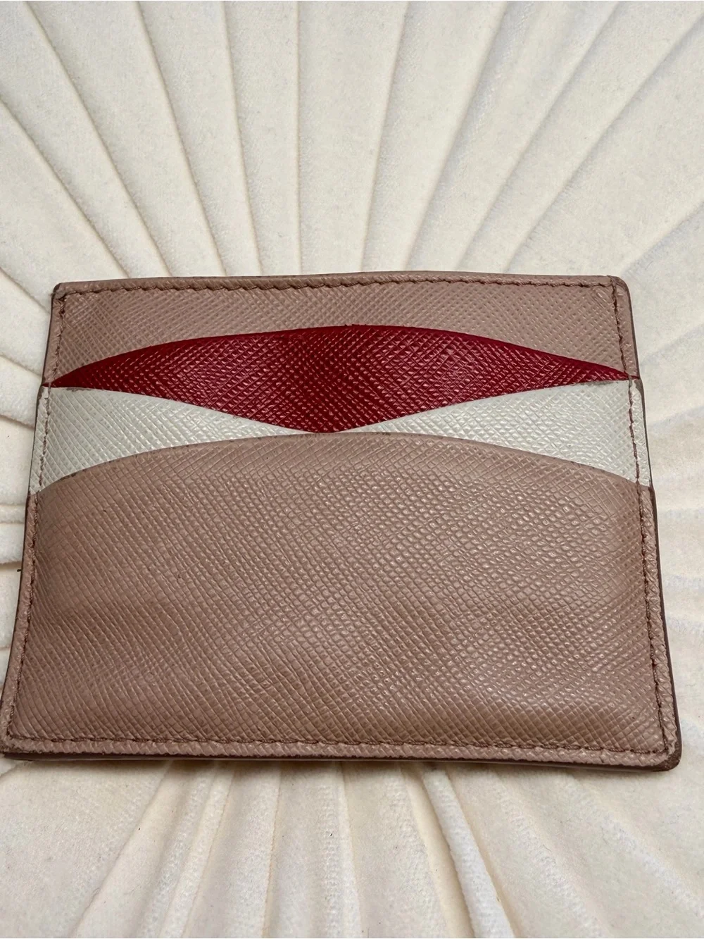 Prada Saffiano Leather Card Holder in Taupe with Red and Cream Accents